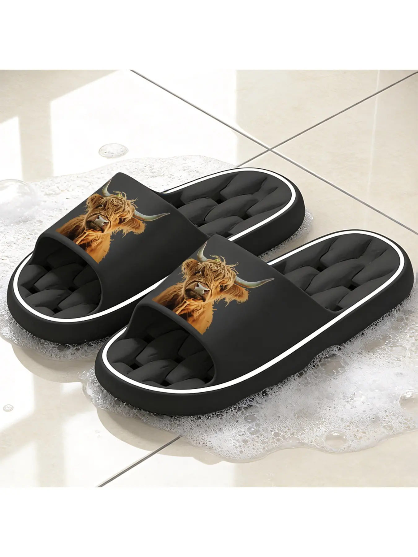 Cute Highland Cow Print Quick-Dry Hollow Out Slide Slippers, Non-Slip Drainage Bathroom Shower Shoes, Soft Cushioned Home Sandals for Farm & Kawaii Style Lovers, Footwear