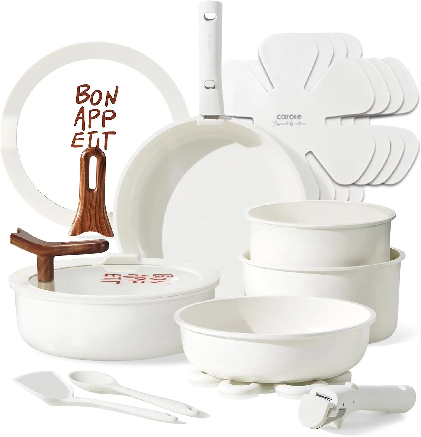[Official] CAROTE 18-Piece Ceramic Cookware Set with Detachable Handle, Nonstick Pots and Pans, Stand-Up Lids, Non-Toxic, PFAS & PFOA Free, Oven Safe, Dishwasher Safe, All Stovetops Compatible, Space Saving, Cream White, Hot Pink