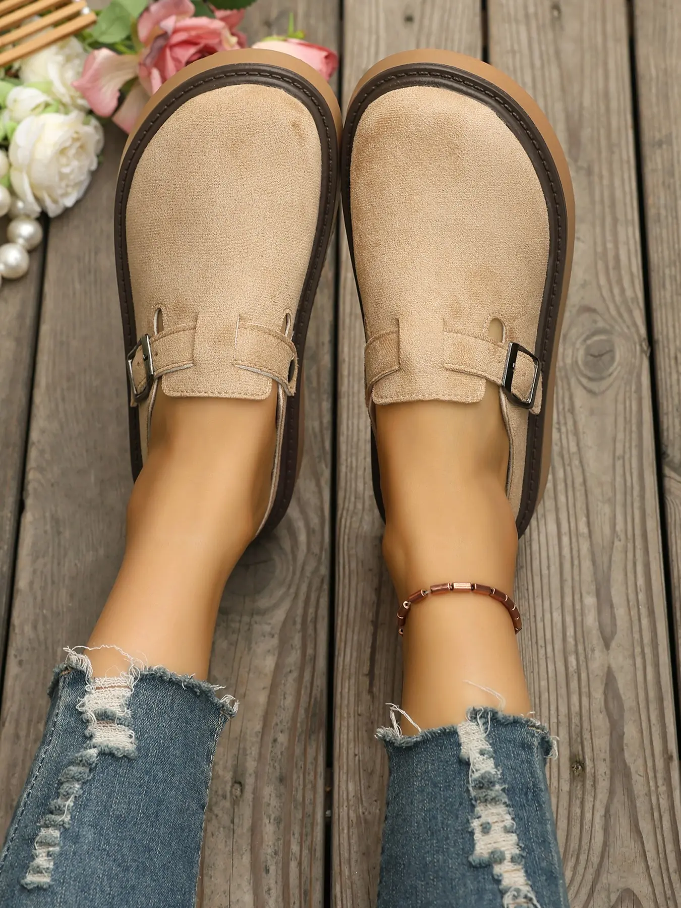 New Thick Sole Versatile Maroon Color Comfortable Slip-On Outdoor Slippers with Buckle, Home Wear, Half-Drag Footwear, All Seasons, PU Leather Upper, House Slippers