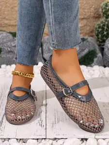 Women's Summer Round Toe Slip-On Hollow-Out Fishnet Sandals, Mary Jane Flats, Casual Breathable Comfort Shoes for Daily Wear & Outdoor Activities
