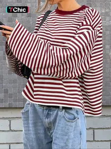 Women's Casual Loose-Fit Striped Long Sleeve Oversized Top, Trendy Street Style Round Neck Pullover