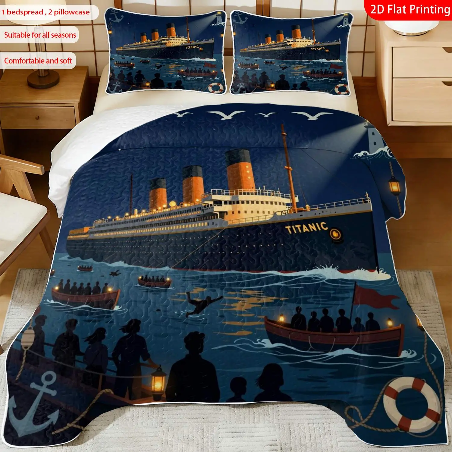 3 pcs, 2D flat print Vintage Nautical bed cover set Titanic Ocean Liner Theme, multiple sizes available, bedding set, Bed Sets, festive decorative bedding, ideal for bedroom décor(1 bedspread , 2 pillowcase)