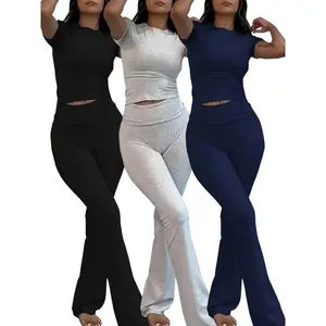 3 Sets Women's Sporty Solid Slim Fit Lounge Set, Short Sleeve Round Neck Crop Top & Flared Leg Pants, Comfortable Relaxed Fit