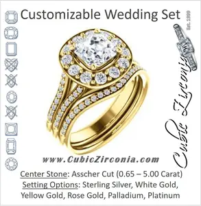 CZ Wedding Set, featuring The Yasmine engagement ring (Customizable Asscher Cut Center with Oversized Halo Accents and Split-Pavé Band)