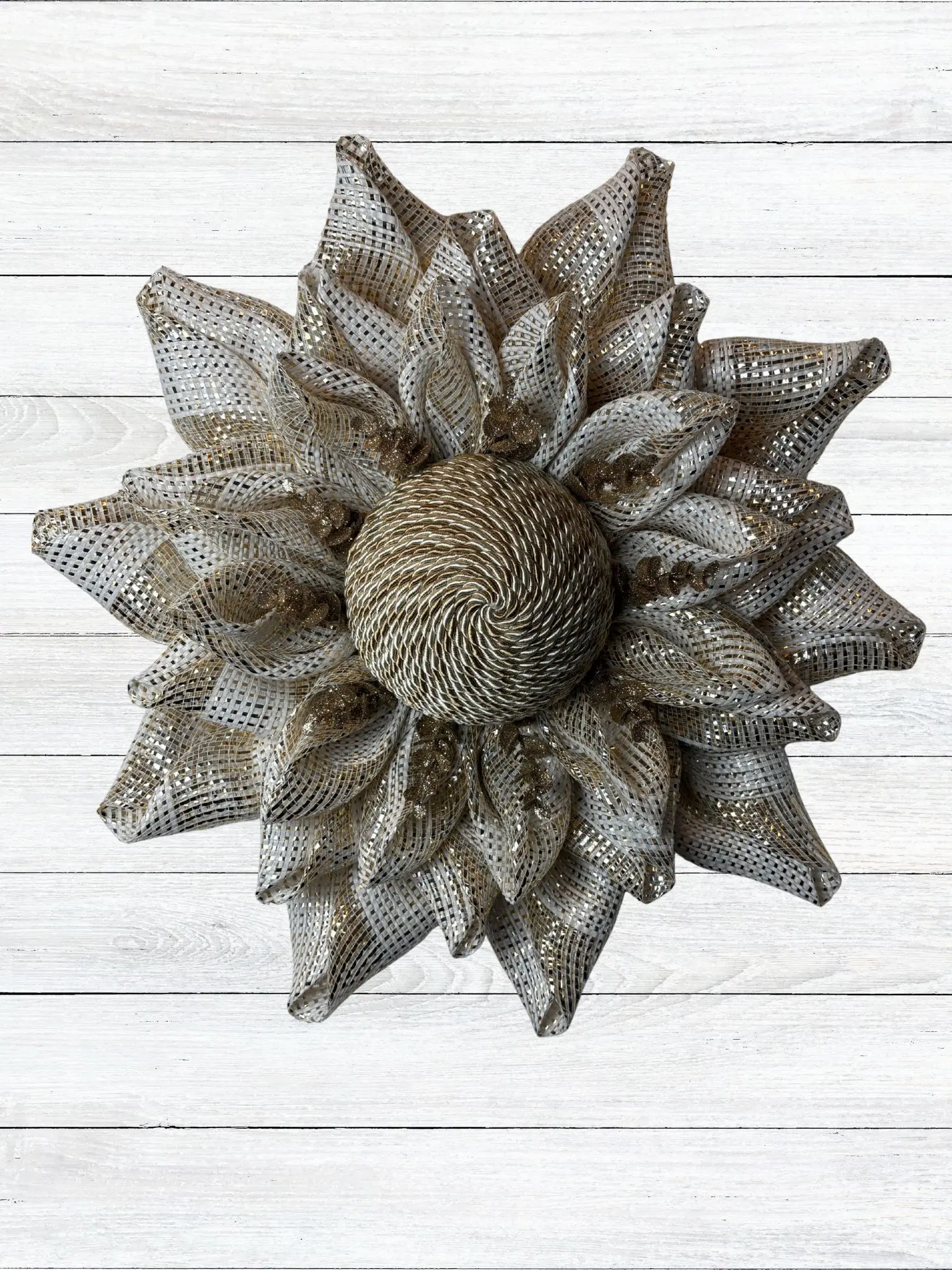 Champagne Gold Petal Wreath | Elegant Metallic Mesh Flower | Glam Door Decor for Holidays & Everyday