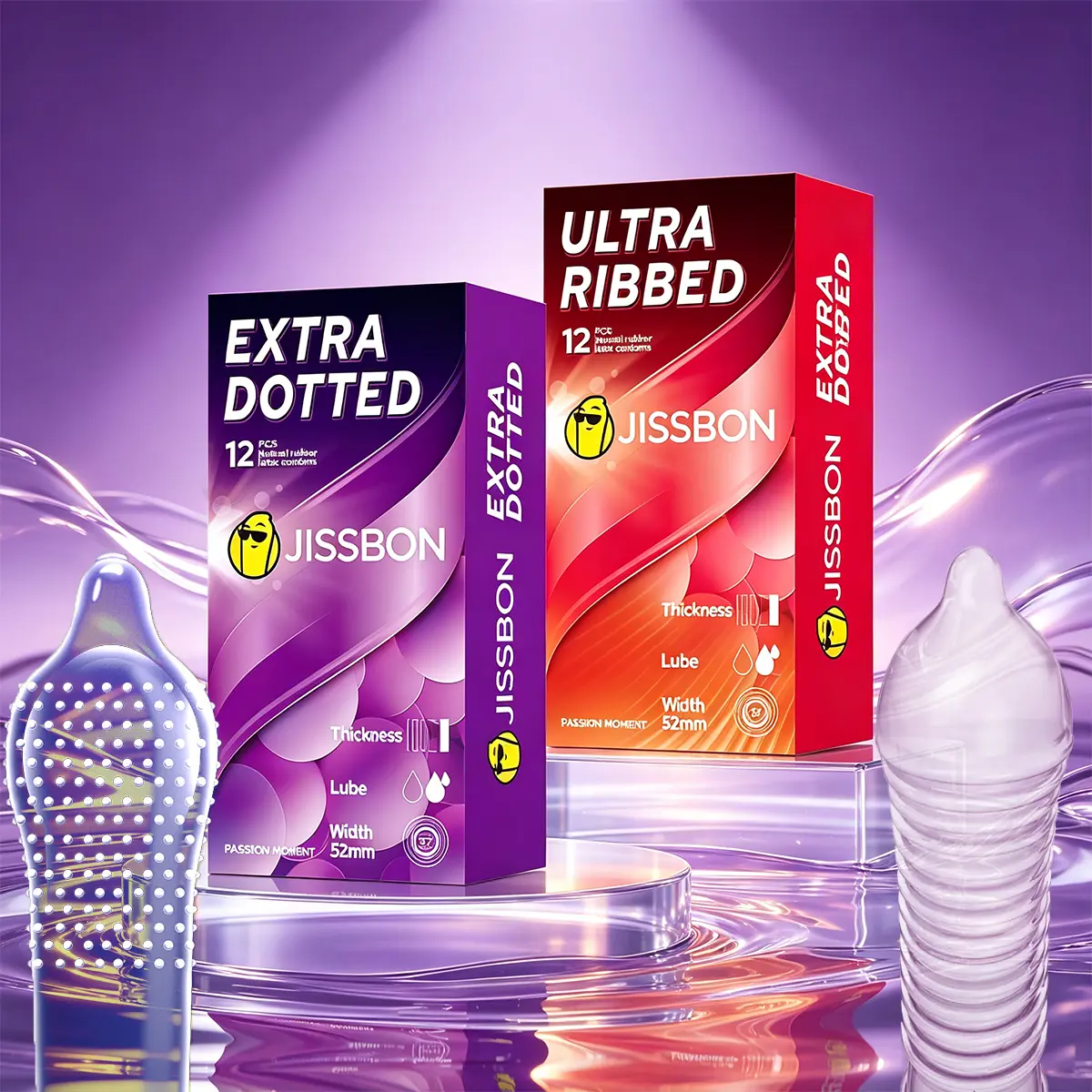 Jissbon Condoms, 24-Pack with 3D Granules & Dynamic Rib Double-Texture, for Intimate Experience, Safety Protection & Stimulation