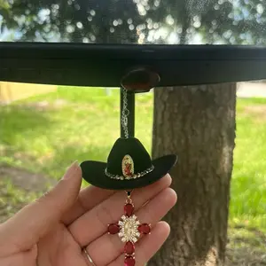Faith Charm - cowboy hat with Virgin Mary charm and rhinestone trim. Red cross hanging charm