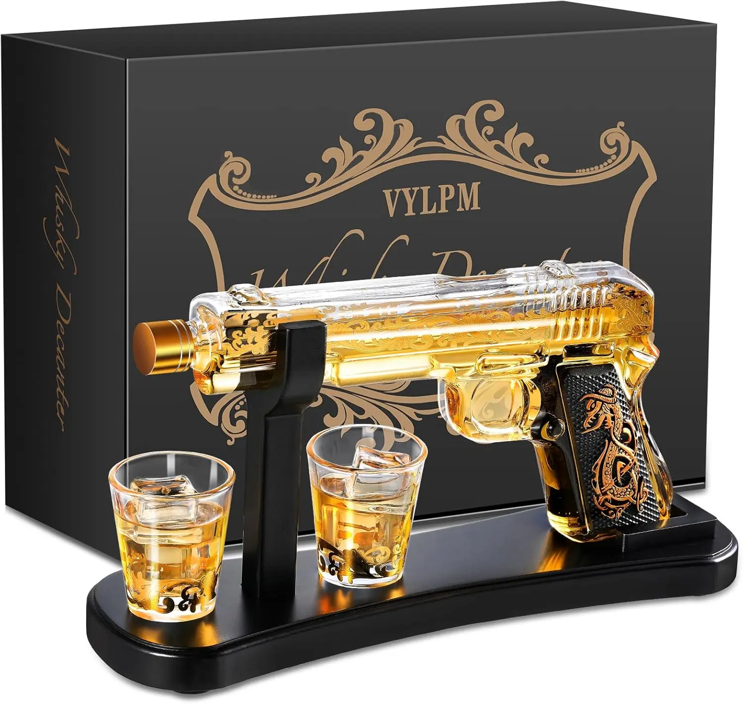 Handcrafted Gun Whiskey Decanter Set -Luxury Lead-Free, Non-Alcoholic Gift for Men, Husbands &Bourbon Lovers, Man Cave & Home Bar Decor with 2 by