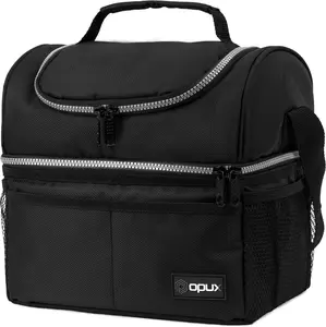 Insulated Large Lunch Bag For Men Women, Dual Compartment Leakproof Lunch Cooler Black 16 Can