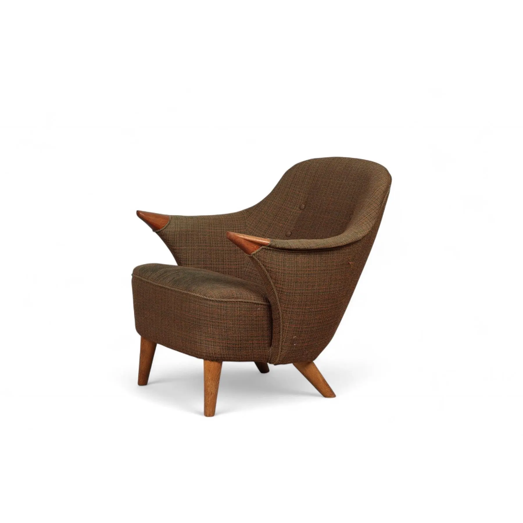 1950s DANISH MID CENTURY LOWBACK ARMCHAIR WITH TEAK PAWS