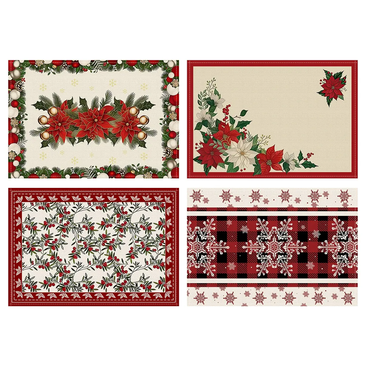 4pcs Christmas placemats, Christmas floral Christmas ball printed coasters, plate mats, Kitchen Decorative Placemat, vintage checkered white large snowflake patterned dining table anti slip insulation mats, suitable for home restaurant desktop decoration