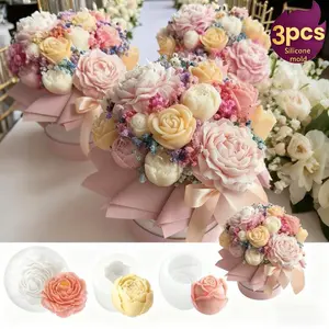 3-Piece Floral Silicone Mold Set: Peony, Rose, Bud & Layered Flower with Stem, Non-stick, reusable, easy-release. For candles, soaps, resin, Wax melts. Suits weddings, birthdays, festivals. Ideal for DIY, home decor & gifts, aromatherapy & resin art