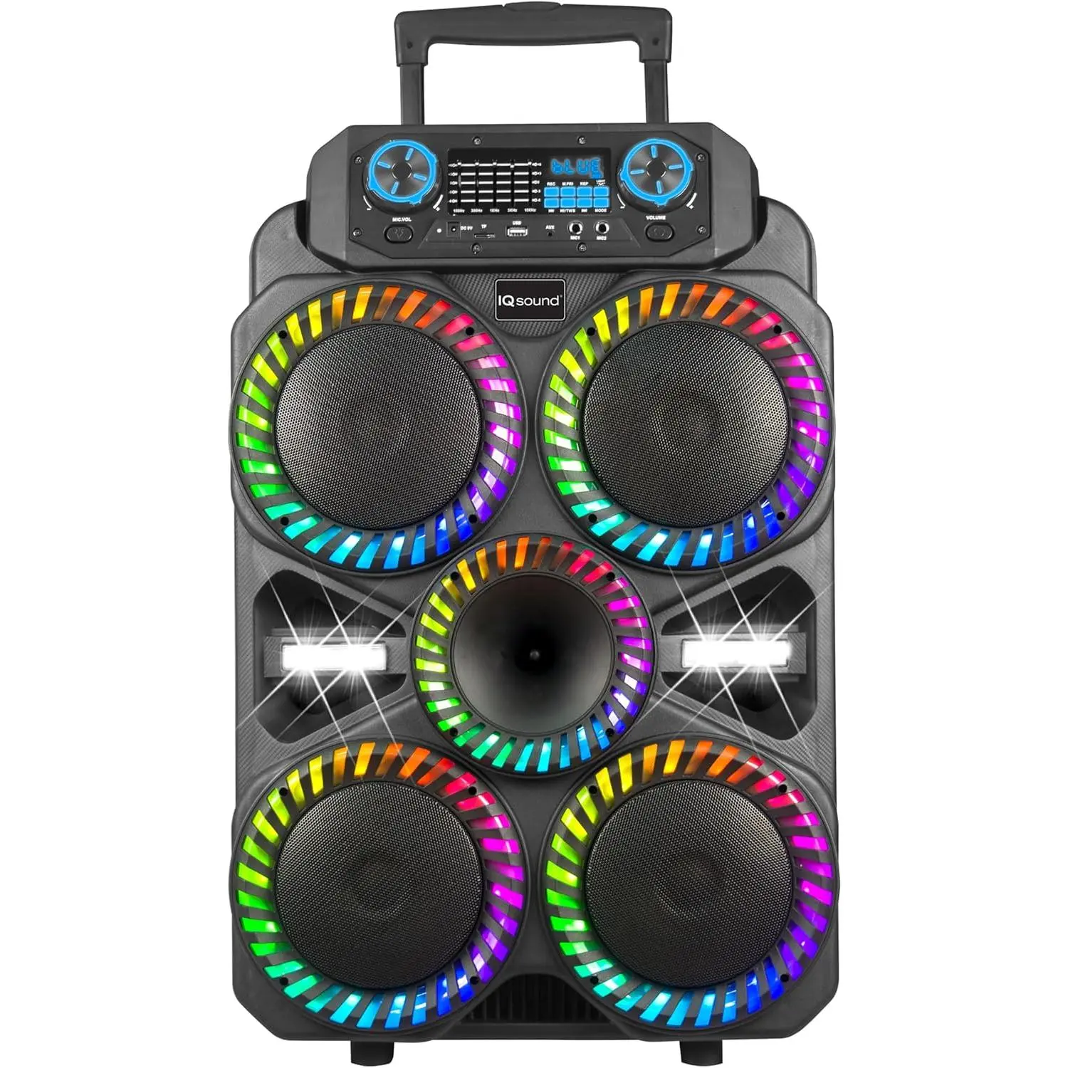 IQ Sound IQ-8408DJBT Vortex Pro 4X8 Portable Bluetooth Speaker w/TWS, LED Lights, 40W RMS, USB/SD/FM/AUX, Mic & Remote, Rechargeable, Handle & Wheels