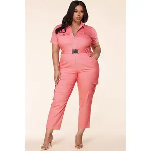 Coral Pink Zip-up Short Sleeve Collared Tapered Jumpsuit Cotton Polyester