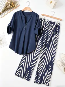 Plus Size Elegant Women's Two-Piece Set, Adjustable Sleeve Solid Tunic Top + Geometric Print High Waist Pants, Lightweight Outfit for Office, Vacation & Home
