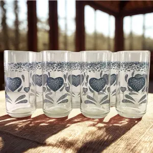 Corelle Blue Hearts Glasses 16 oz Set of 8 Excellent Quality with Heart Design and Blue Accents