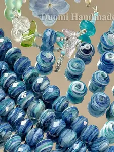 5pcs Blue Oil Painting Style Cut Glass Beads for DIY Jewelry Making, Ditsy Floral Pattern, Contemporary Design for Bracelets & Necklaces