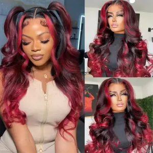 26 Inch Red Highlights on Black Color Body Wave Synthetic Lace Front Wigs HD Glueless Long Wavy Curly Hair Wig Red and Black 13x4 Lace Area Free Part Synthetic Heat Resistant Curly Hair for Women Perfect for Daily Wear and Party
