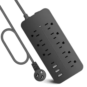 Extension Cord , Surge Protector Power Strip with 8 Widely Outlets 4 USB Ports, Flat Plug, Wall Mount Outlet Extender, Multiple Outlets for Indoor Home Office, Dorm Room Essentials