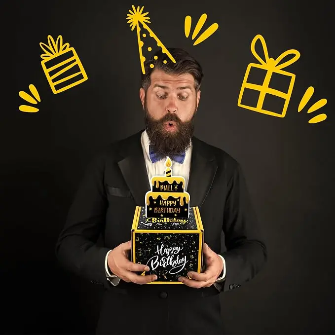 Birthday Money Box for Cash, Black Surprise Box Explosion Gift for Men, Billionaire Money Holder with Pull Out Card DIY Set