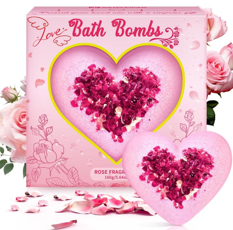 Valentines Bath Bombs for Women, XXL Valentines Day Gifts for Her & Him, Organic Heart Shaped Handmade Rose Essential Oil, Valentines Day Basket Birthday Gifts for Wife Daughter Girlfriend Coworkers