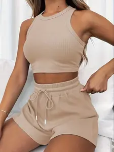 2026 Summer New Sleeveless Waffle Set Solid Color Vest & Shorts Fashionable Casual Two-Piece Women's Outdoor Sports Top and Shorts Set