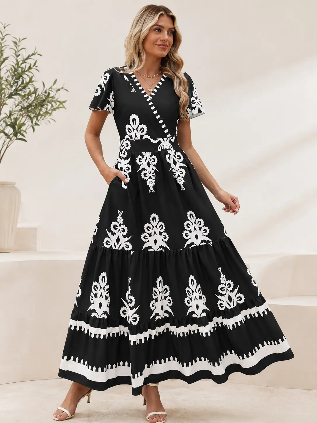 Women's Casual Floral Dress, Soft Polyester V-Neck Pullover with Flared Sleeves, Elastic Waist and Tiered Skirt