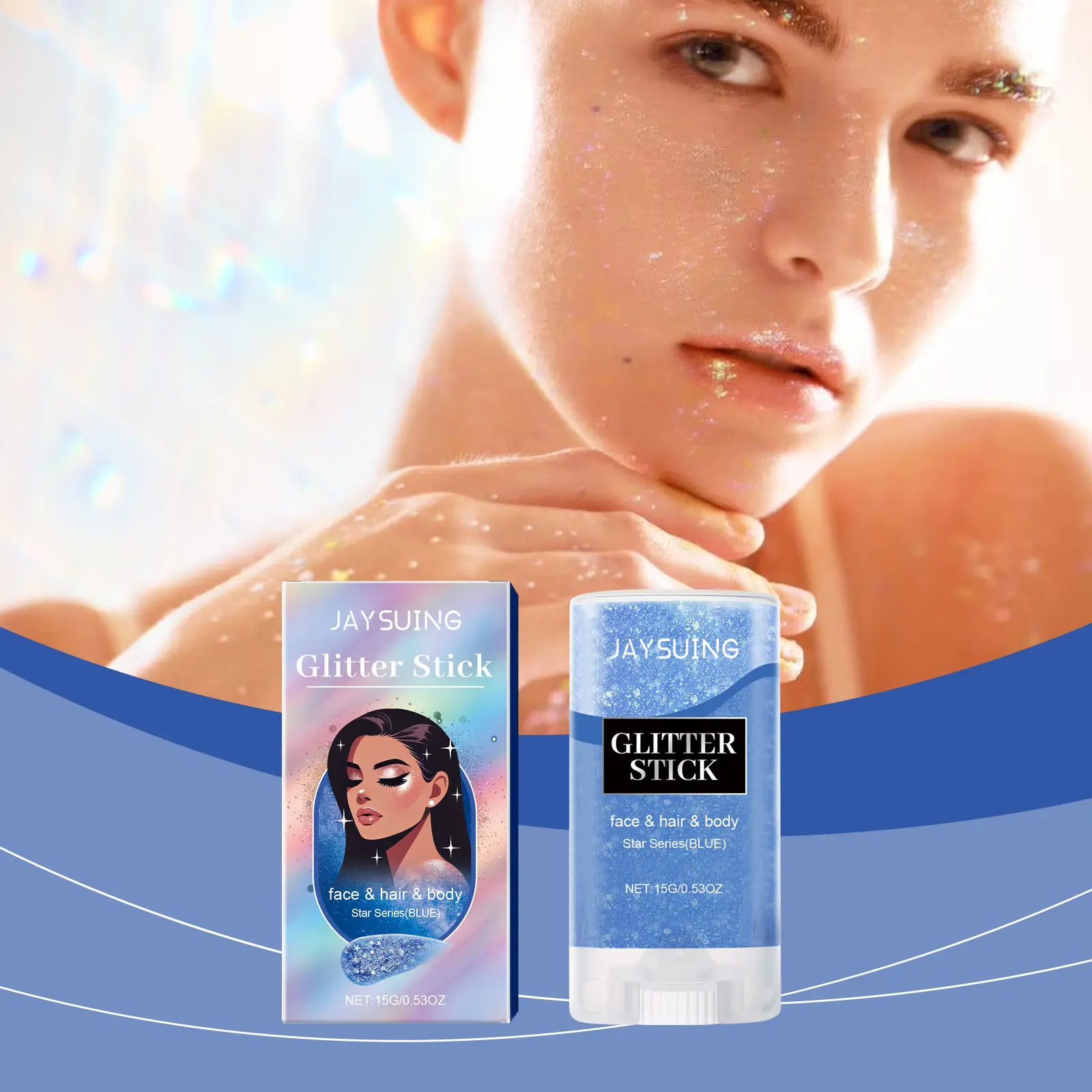Jaysuing Sequined Glitter Stick Blue for Party Dance Performance Makeup Face Body Collarbone Highlight Shine Cosmetic with Glycerin Carbomer Mica