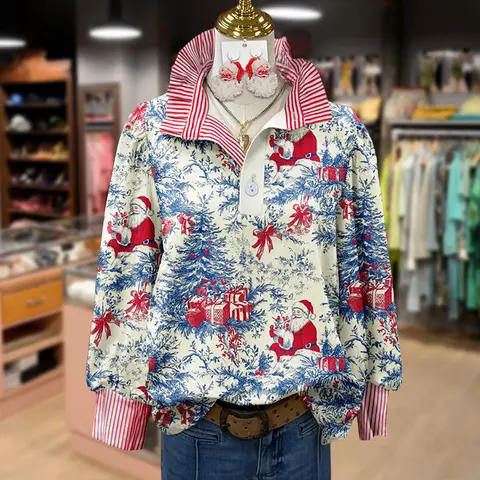 Cherrybetty Vintage Christmas Santa Print Long Sleeve Top Casual Blouses Womenswear Collared Soft Fall Outfits Women Cute Tops Women Elegant Classy Tops Office Outfits Women Fabric Piece Cute Fall Outfits Vintage Shirts Elegant Classy Tops