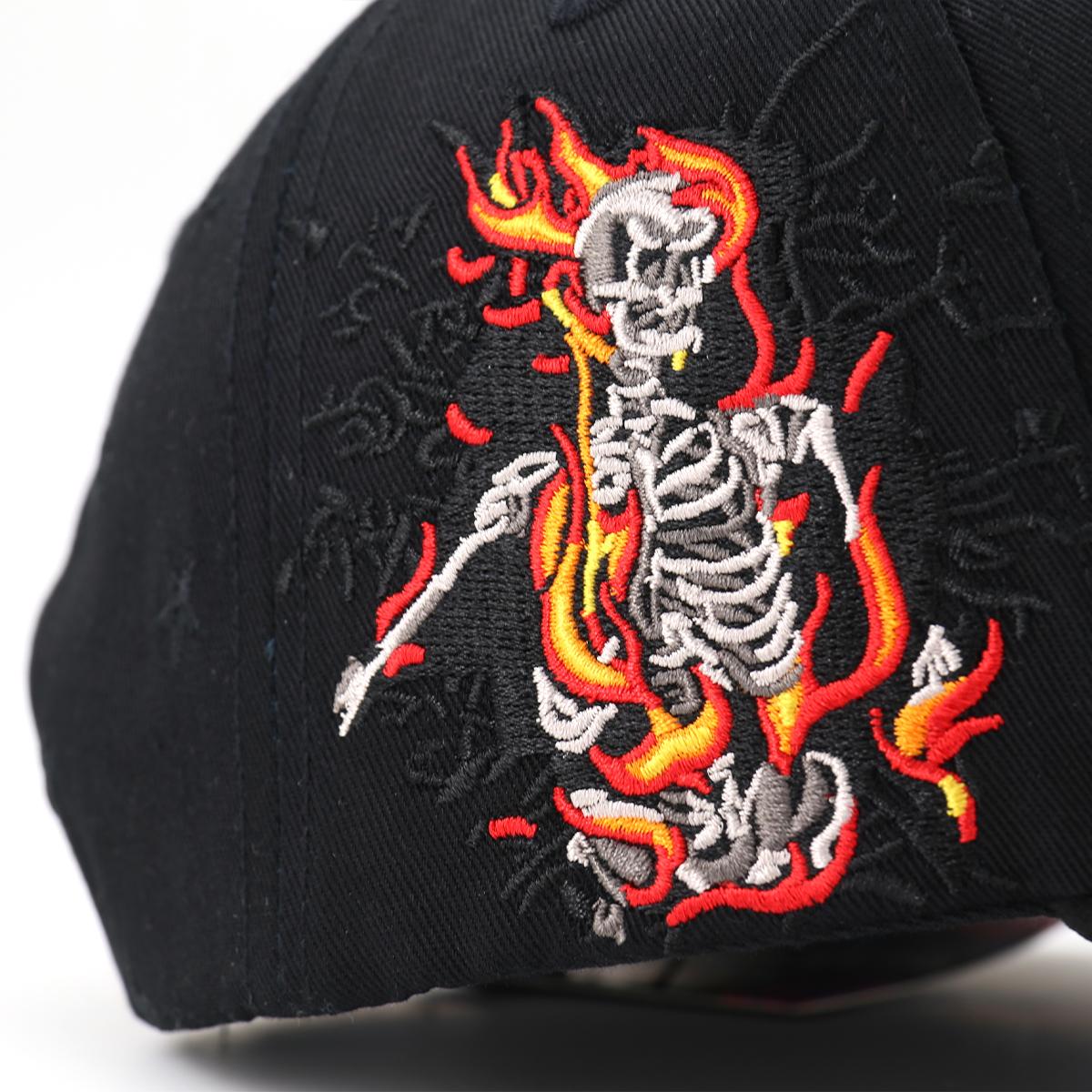 Flaming Skeleton Rhinestone Streetwear Snapback Hat - Black Embroidered Hip Hop Baseball Cap, Unisex Adjustable Urban Street Style Headwear