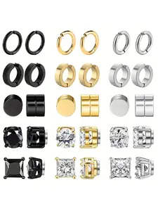 Unisex Stainless Steel Magnetic Stud Earrings, Non-Piercing Cz Stone Ear Cuffs, Elegant Punk Style, All-Season Jewelry, Ear Clip Set