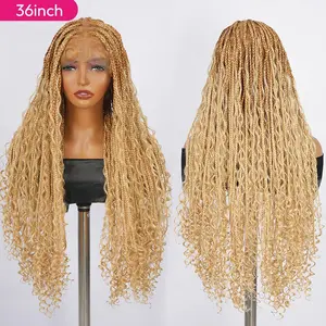 SuperNova #T274/614 Light Golden Blonde 36" Triangle Full Lace Water Wavy Synthetic Box Braided Wig with Curled Ends #SummerVibes