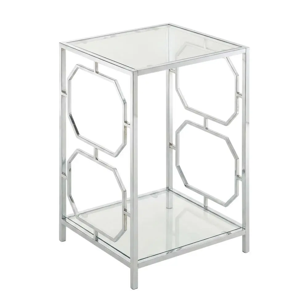 Compact Chrome Metal End Table - Modern Minimalism Indoor Furniture, Sleek Frame, Tempered Glass Top, Easy-Clean Top
