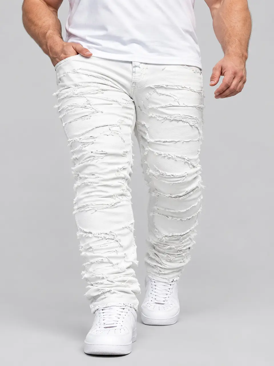 Men's Ripped White Stacked Skinny Elastic Cotton Jeans - Plus Size Big and Tall, Frayed Hem Distressed Plain Stretch Denim Pants with Pocket, Soft Y2K Hip Hop Streetwear Casual Trousers