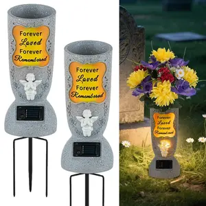 Solar-powered cross angel flowerpot solar-powered cemetery vase with LED for fresh/artificial flower vases, tombstone decoration, commemorative gifts for those who have lost their loved ones, Christmas decoration and Christmas gifts