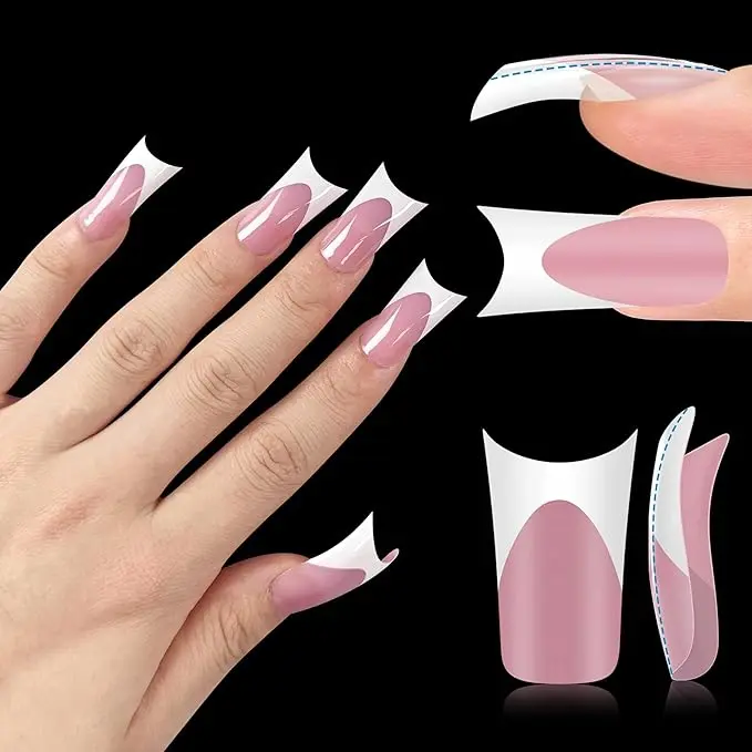 White French Tip Duck Feet Nail Tips Full Cover for Press on Acrylic with MUTIOVO Moon Curve, BERRY PINK Extra Thick Medim Long, Flare Wide Soft Gel Fake False Nail Extension x 15 Sizes 150 pcs