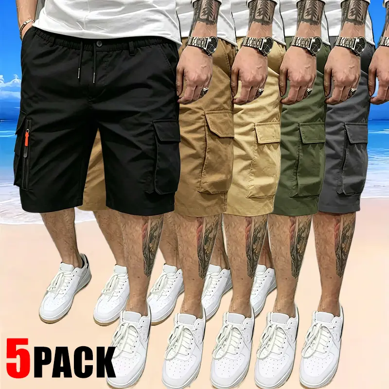 5 Pack Men's Summer Athletic Casual Cargo Shorts With Multi Pockets & Elastic Drawstring Waist Versatile Beach Bottoms Suitable for Outdoor Activities and Everyday Casual Outfits 5-pack