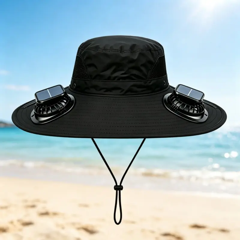Solar Fan Hat with Dual Cooling Fans, Breathable Mesh Safari Bucket Hat, UPF 50+ Sun Protection Fishing Hat, Adjustable Waterproof Outdoor Sports Cap for Golf Camping Hiking Beach, Lightweight Travel Sun Shade Hat for Men Women, Summer