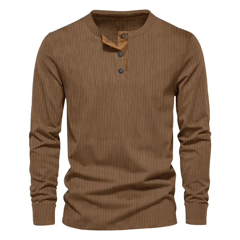 BIGWIG Men's Spring/Autumn Casual Long-Sleeve Corduroy Shirt, Henley Collar Long-Sleeve, Casual Corduroy Ribbed Slim-Fit Round Neck Golf Polo Shirt, Designer Shirt, Casual Long-Sleeve T-shirt