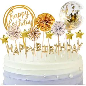 Birthday Candles Set-Cake Topper Decoration with Cake Candles, Confetti, Balloon, Stars and Fan Cupcake Toppers - 12 Pieces - Birthday Cake Decor For Birthday Party Celebration (Gold)