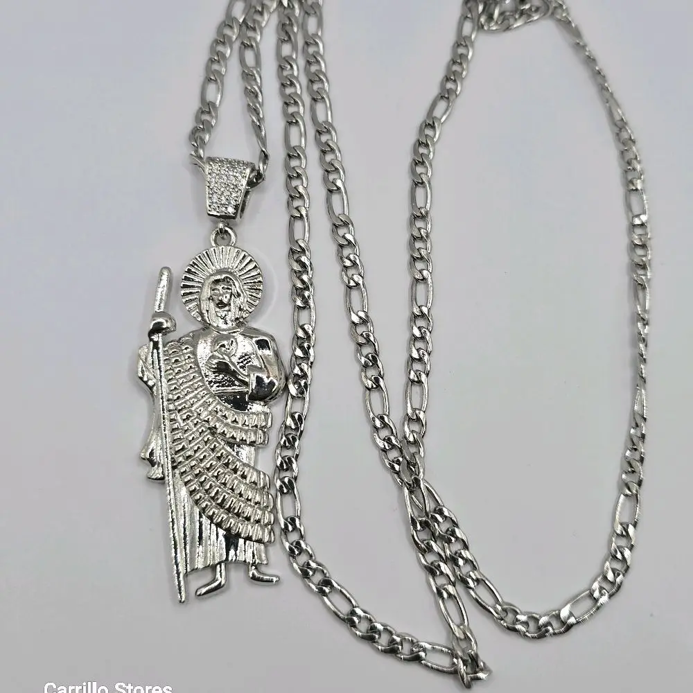 SAINT JUDE  RELIGIOUS necklace figaro style stainless steel SILVER-PLATED  pendant clear stone's