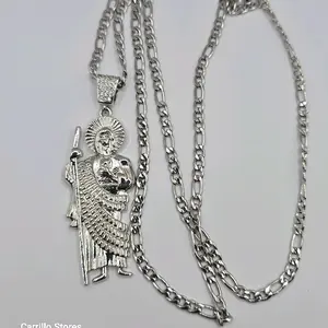 SAINT JUDE  RELIGIOUS necklace figaro style stainless steel SILVER-PLATED  pendant clear stone's