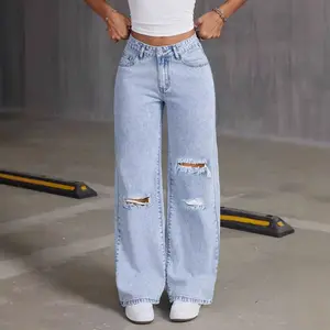 Women’s Light Blue Wide Leg Ripped Jeans – High Waist Loose Fit Denim