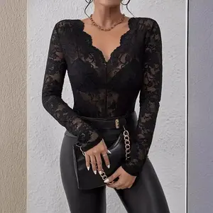 Women's Sheer Floral Lace Cover Up Top, Elegant Aesthetic Scallop Trim Long Sleeve V Neck Blouse Top for Party Holiday Vacation, Ladies Clothes Womenswear for All Seasons
