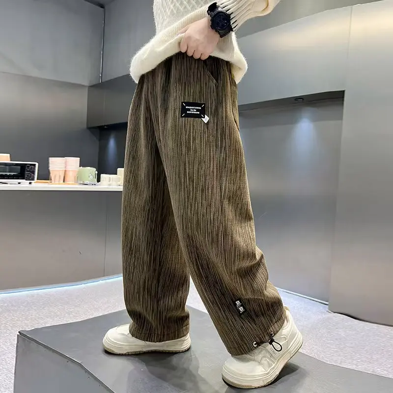 Polyester Corduroy Boys' Casual Pants - Soft, Comfortable, Loose Straight, Fleece-Lined, Warm for Outdoor & Daily Wear | Spring/Fall/Winter Kids' Bottoms