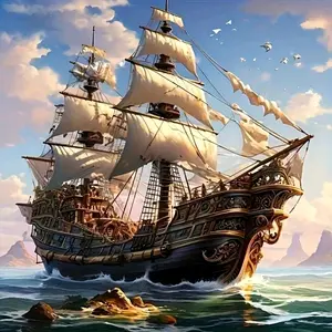 Epic Nautical Adventure, Ocean Inspired Design, Majestic Galleon Braving The Waves, Golden Sails Billowing Between Sky And Sea, Distant Islands On Horizon, Diamond Painting Kit Full Drill Square Drill Home Wall Decor Unique Gift