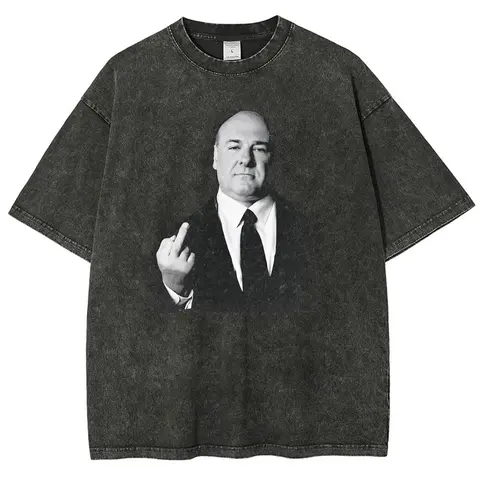 Men's Tony Soprano Graphic Print Oversized Vintage Boxy Cotton Tee - Round Neck, Soft Heavyweight Distressed Washed Garment Dyed Cotton Fabric, Ribbed Sleeves & Hem, Casual Relaxed Fit Menswear Streetwear Tops