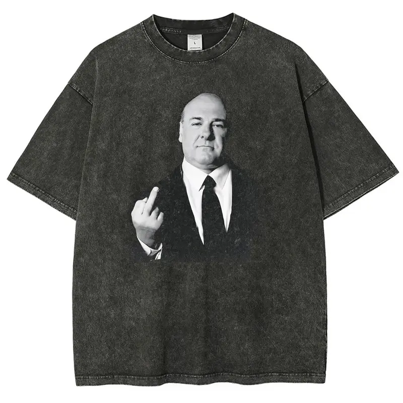 Men's Tony Soprano Graphic Print Oversized Vintage Boxy Cotton Tee - Round Neck, Soft Heavyweight Distressed Washed Garment Dyed Cotton Fabric, Ribbed Sleeves & Hem, Casual Relaxed Fit Menswear Streetwear Tops