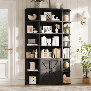 Garvee 75in Tall Bookcase with Storage Cabinet, 6-Tier Wide Floor Bookshelf with Doors, Modern Wooden Standing Display Shelf Organizer for Home Office Living Room Bedroom, Black