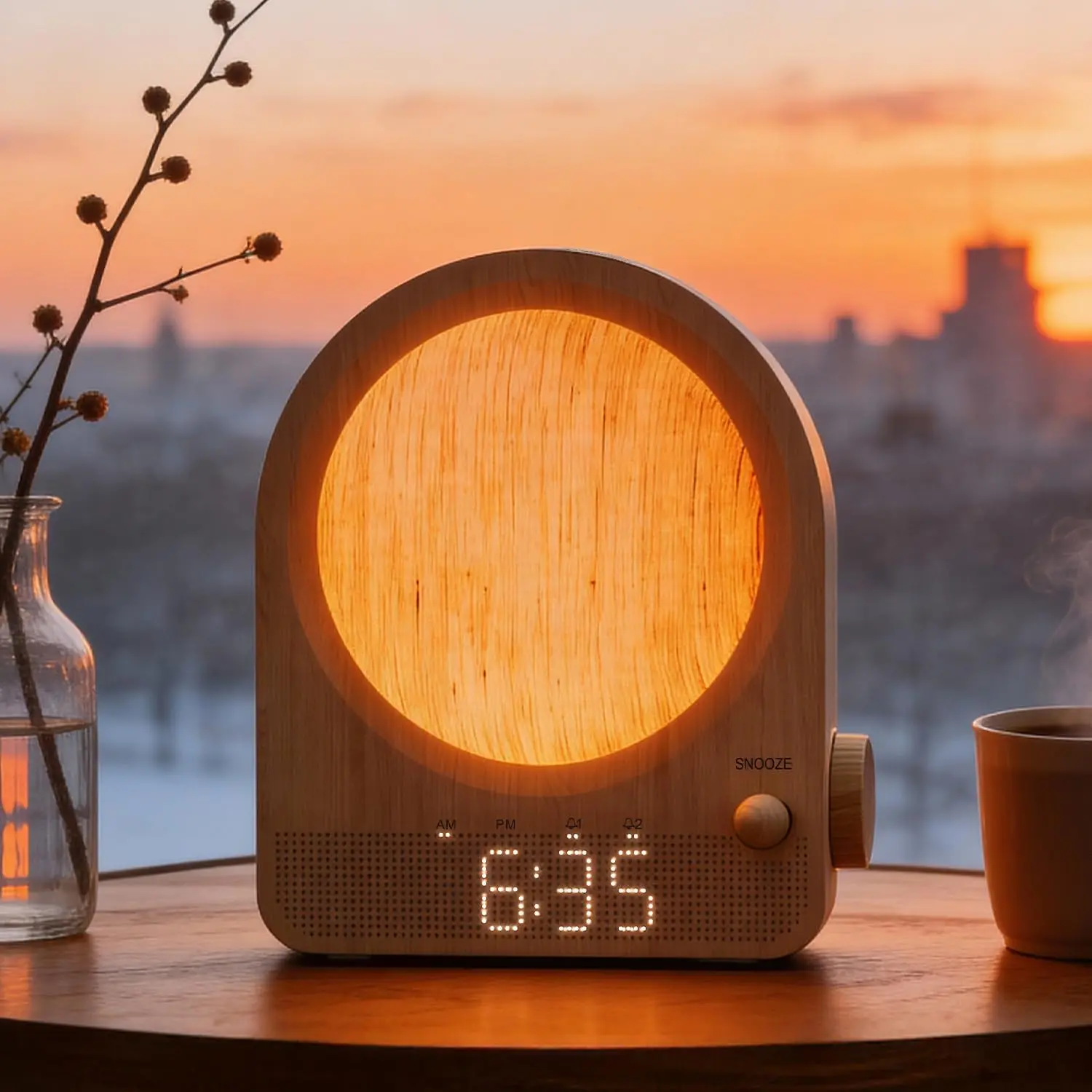 Sunrise Alarm Clock for Heavy Sleepers  | White Noise Sound Machine & Dual Alarm | Aesthetic Wood Wake Up Light for Bedroom